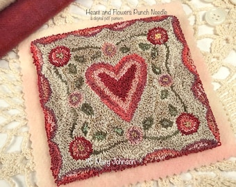 Punch Needle DIGITAL Pattern, Heart and Flowers by Mary Johnson, Digital Download pdf Pattern