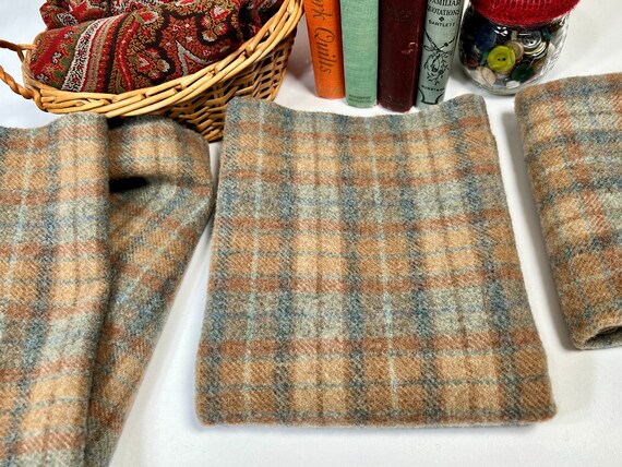 Pastel Plaid, mill dyed wool fabric for Rug Hooking and Appliqué, W457, large plaid with blue grays, rusts, tans, golden browns