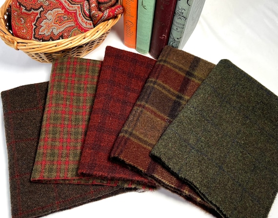 5) Fat Eighths, Coming Home, mill dyed wool for Rug Hooking and Applique, W553, dark textures & plaids, reds, greens, browns