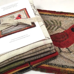 Rug Hooking KIT, Red Cardinal 10&quot; x 12&quot;, K131, DIY Bird Rug Kit, Wide Cut, Primitive Rug Hooking