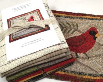Rug Hooking KIT, Red Cardinal 10" x 12", K131, DIY Bird Rug Kit, Wide Cut, Primitive Rug Hooking