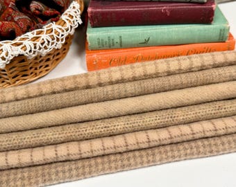 Brown Sugar Wool Bundle, hand dyed wool fabric for rug hooking and applique, W762, Mushroom, coffee with cream, tan, 6) fat sixteenths