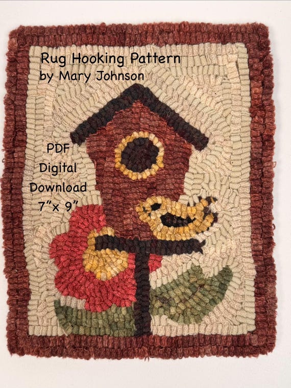 June Birdie 7x9,  Hooked Rug Pattern by Mary Johnson (Digital Download), Primitive bird rug
