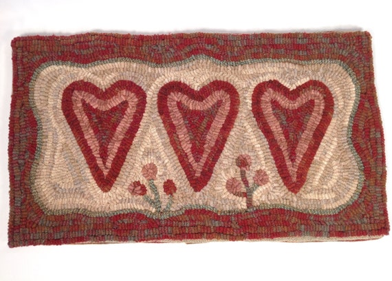 Rug Hooking PATTERN, Three Hearts, 12" x 22", P141, Primitive Rug Design, DIY Wide Cut Hooking, Folk Art Valentine's Pattern