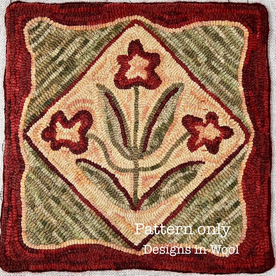 Rug Hooking PATTERN, Star Flower Hit and Miss, 16" x 16", P228, DIY Primitive Rug Hooking, Folk art flowers