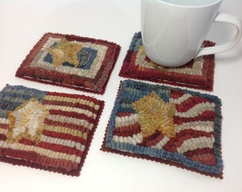 Rug Hooking PATTERN, Little Flag Mug Rugs, P198, DIY Coasters, mats, primitive rug hooking