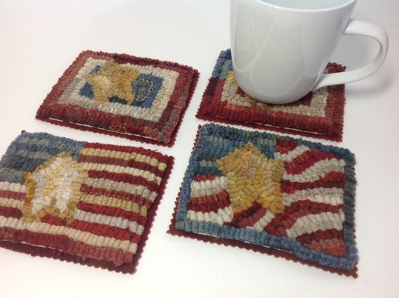 Rug Hooking PATTERN, Little Flag Mug Rugs, P198, DIY Coasters, mats, primitive rug hooking