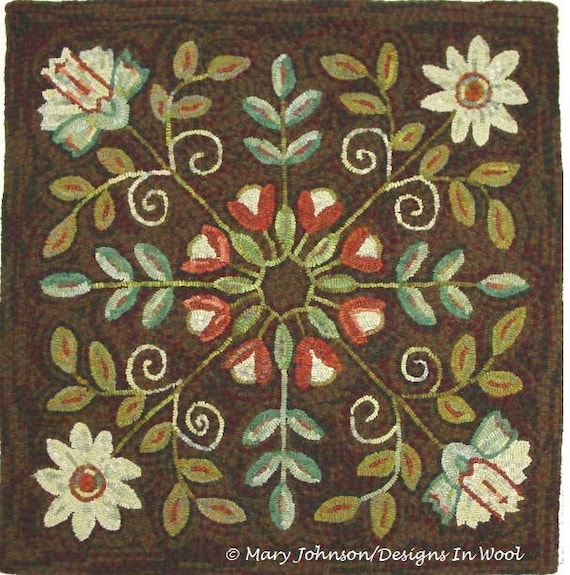 Rug Hooking PATTERN, Four Square Floral 40" x 40", P123, Primitive Rug Hooking Floral Design, Wide Cut Hooking