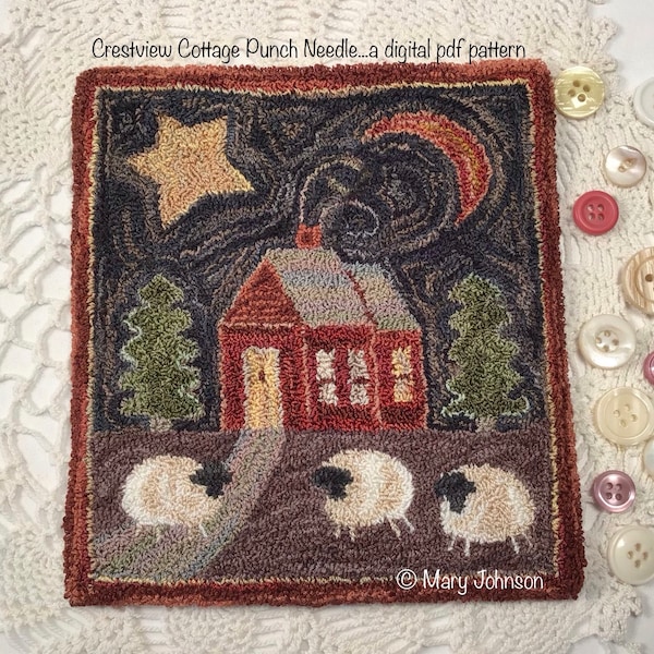 Punch Needle DIGITAL Pattern, Crestview Cottage by Mary Johnson, Digital Download pdf Pattern