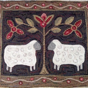 Tappeto Aggancio PATTERN, Due pecore, 28 x 36, P173, Pecore d'arte popolare, Design di pecore primitive fai da te immagine 1