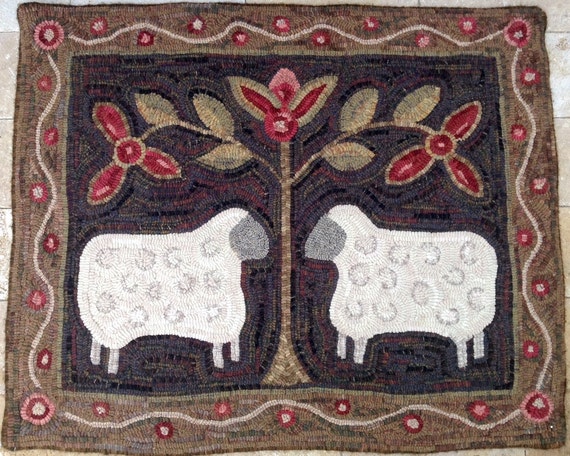 Rug Hooking PATTERN, Two Sheep, 28" x 36", P173, Folk Art Sheep, DIY Primitive Sheep Design