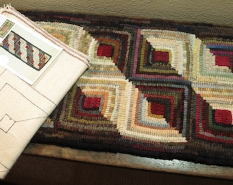 Rug Hooking PATTERN, Log Cabin Runner, 12" x 37" or 12" x 47", P163, Sunshine and Shadows Design, Scrappy Geometric Pattern