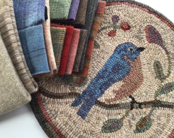 Rug Hooking KIT, Bluebird Chair Pad or Table Mat 14" Round, K110, Folk Art Bluebird, Primitive Rug Hooking Bluebird