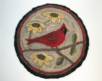 Rug Hooking PATTERN, Cardinal Chair Pad or Table Mat, 14" Round, P136, Folk Art Bird, DIY rug hooking, Northern Cardinal