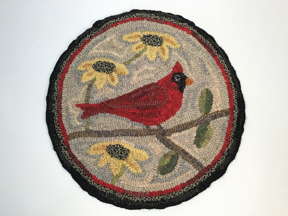 Rug Hooking PATTERN, Cardinal Chair Pad or Table Mat, 14" Round, P136, Folk Art Bird, DIY rug hooking, Northern Cardinal