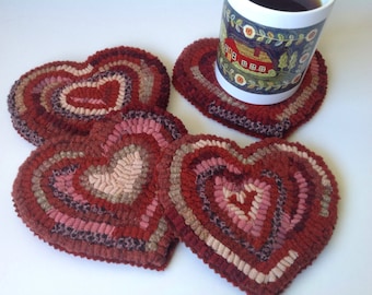 Rug Hooking PATTERN, Heart Mug Rugs, P187, DIY Primitive Hearts, Folk Art Hearts, Wide Cut Rug Hooking