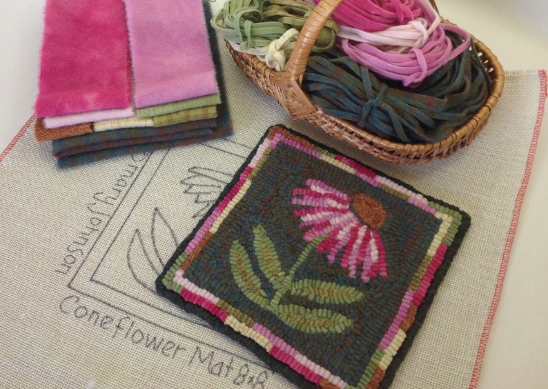 Rug Hooking KIT, Coneflower Mat, 8 x 8, K126, DIY Primitive Rug Hooking Mat, Folk Art Flower Tea Trivet image 1