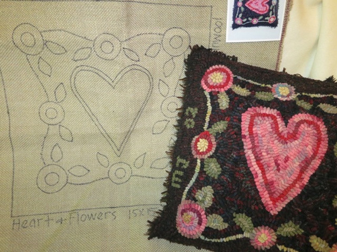 Heart Hook Rug Patterns Rug Hooking PATTERN, Heart and Flowers, 15
