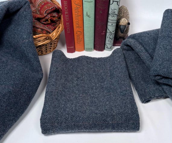 Concord Blue wool fabric for rug hooking and applique, W791, deep blue herringbone weave