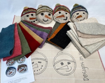 Snowmen Mug Rugs, DIY Rug Hooking,  K136, Kit with wool pack and pattern, Snowman Wool, Winter Coasters