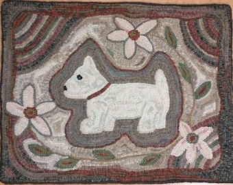 Rug Hooking PATTERN, "Daisy the Pup"  21" x 27", P108, DIY Primitive, Wide Cut Rug Hooking, Folk Art Dog and Flowers