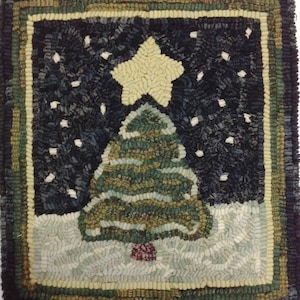 May include: Hand-hooked Christmas rug featuring a stylized tree topped with a star against a dark blue background with white accents. The tree is green and brown, set in a snowy landscape. The rug has a dark blue border with green and tan accents.