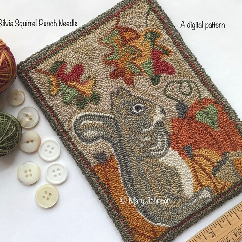 Punch Needle DIGITAL Pattern, Silvia Squirrel by Mary Johnson, Digital Download pdf Punchneedle Embroidery Pattern