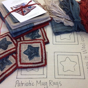 Rug Hooking KIT, Patriotic Star Mug Rugs, K113, DIY Patriotic Kit, Americana Coasters