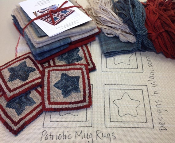 Rug Hooking KIT, Patriotic Star Mug Rugs, K113, DIY Patriotic Kit, Americana Coasters