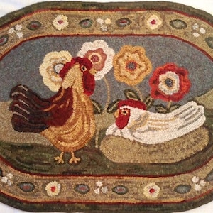 Rug Hooking PATTERN, Expectations, 22&quot; x 36&quot;, P183, DIY Folk Art Chickens, Wide Cut Rug Hooking