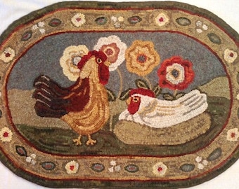 Rug Hooking PATTERN, Expectations, 22" x 36", P183, DIY Folk Art Chickens, Wide Cut Rug Hooking