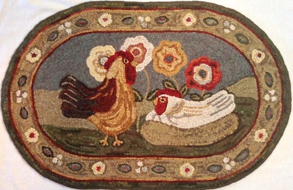 Rug Hooking PATTERN, Expectations, 22" x 36", P183, DIY Folk Art Chickens, Wide Cut Rug Hooking