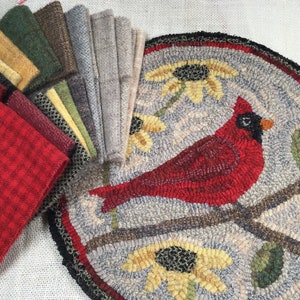 Rug Hooking KIT, Cardinal Chair Pad or Table Mat 14" Round, K121, DIY Bird Rug Kit, Northern Cardinal, Bird Folk Art