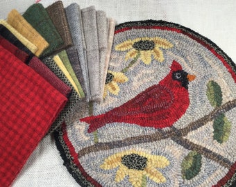 Rug Hooking KIT, Cardinal Chair Pad or Table Mat 14" Round, K121, DIY Bird Rug Kit, Northern Cardinal, Bird Folk Art