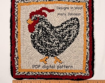 Chicken Mat, 8 x 8 , Hooked Rug Pattern by Mary Johnson (Digital Download)