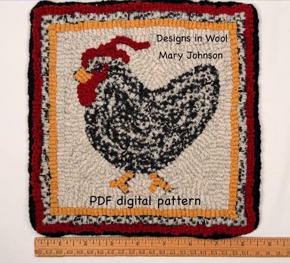 Chicken Mat, 8 x 8 , Hooked Rug Pattern by Mary Johnson (Digital Download)