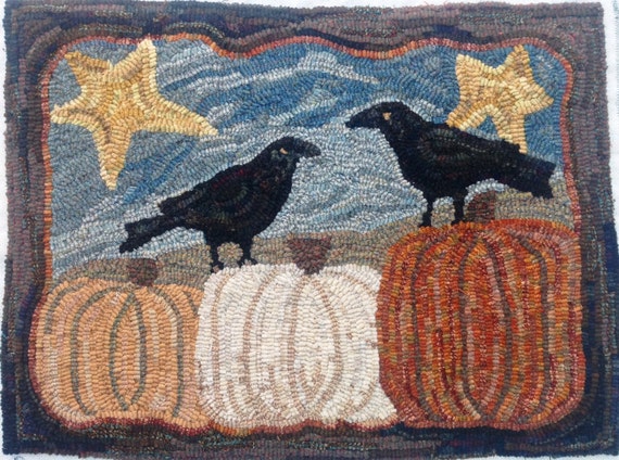 Rug Hooking PATTERN, Two Crows and Three Pumpkins, 18" x 24", P172, Fall rug design, Autumn hooked rug pattern, DIY