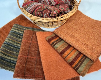 Pumpkin Harvest, 6) Fat 16th yards, mill dyed wool for rug hooking and applique, W554, harvest oranges, falling leaves, pumpkins