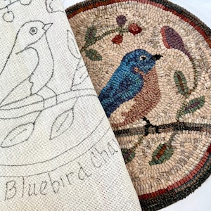 Rug Hooking PATTERN, Bluebird Chair Pad or Table Mat, 14&quot; Round, P121, DIY Primitive Bluebird Design
