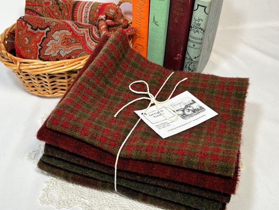 5) Fat Eighths, Coming Home, mill dyed wool for Rug Hooking and Applique, W553, dark textures & plaids, reds, greens, browns