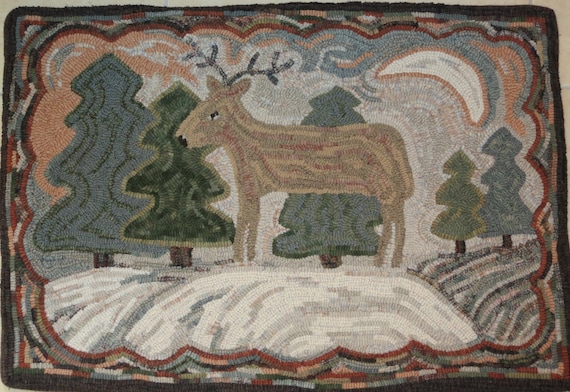 Rug Hooking PATTERN, Deer in the Pines, 24" x 36", P142, Primitive Folk Art Deer, DIY Primitive Rug Hooking