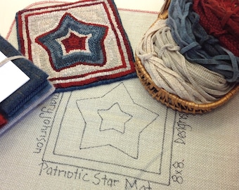 Rug Hooking KIT, "Patriotic Star Mat", 8" x 8", K112, Wide Cut Rug Hooking, DIY Hooked Rug Kit, Red White Blue mat