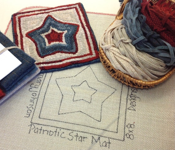 Rug Hooking KIT, "Patriotic Star Mat", 8" x 8", K112, Wide Cut Rug Hooking, DIY Hooked Rug Kit, Red White Blue mat