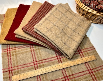 Camel Plaid Bundle, 6 pieces, mill dyed wool for Rug Hooking and Applique, W568, wool textures, reds, golds, camels