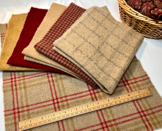 Camel Plaid Bundle, 6 pieces, mill dyed wool for Rug Hooking and Applique, W568, wool textures, reds, golds, camels