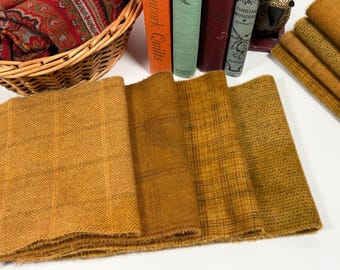 Butterscotch Caramel, 4) fat sixteenths bundle, hand dyed wool for Rug Hooking and Applique, W785, pumpkin pie, brown mustard