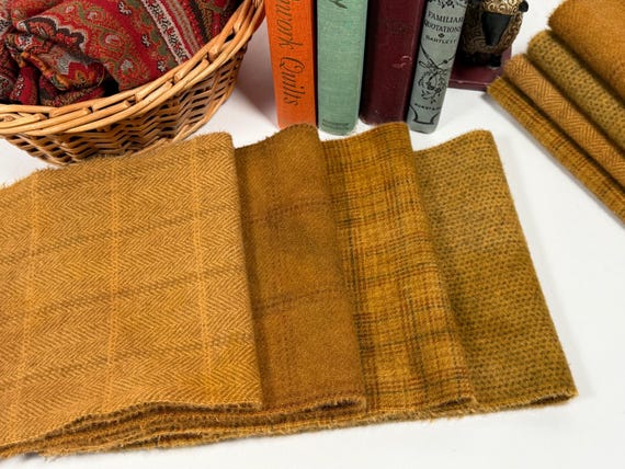 Butterscotch Caramel, 4) fat sixteenths bundle, hand dyed wool for Rug Hooking and Applique, W785, pumpkin pie, brown mustard