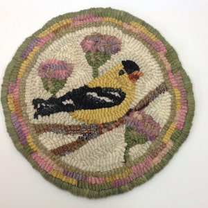 Rug Hooking PATTERN, Goldfinch Mat, 9&quot; round, P201, DIY Folk Art Hooked Bird, Yellow Bird