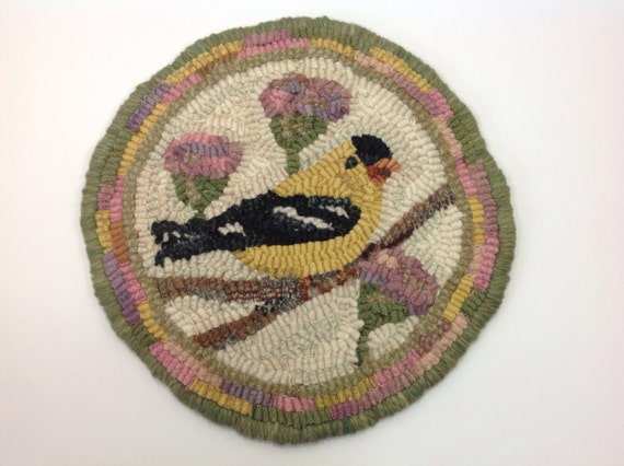 Rug Hooking PATTERN, Goldfinch Mat, 9" round, P201, DIY Folk Art Hooked Bird, Yellow Bird