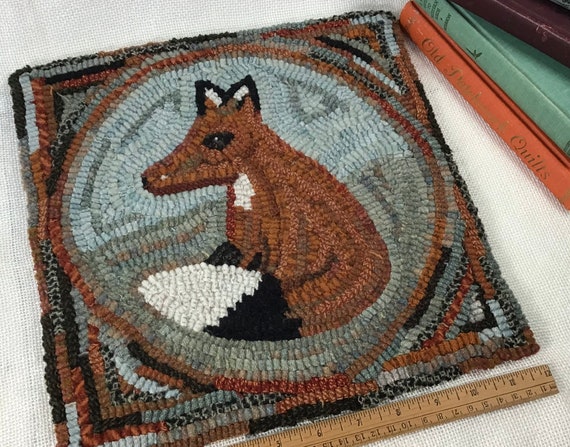 Rug Hooking PATTERN, Red Fox Mat 12" x 12", P220,  Folk Art Fox, DIY Primitive Rug Hooking